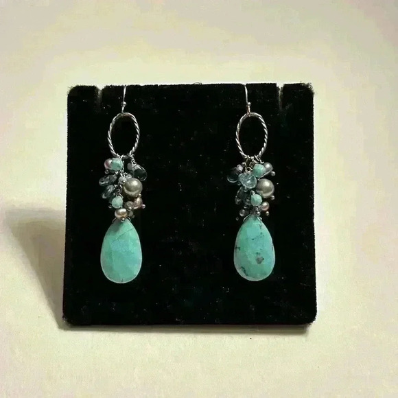 Faceted turquoise colored stone dangle earrings - Picture 2 of 5